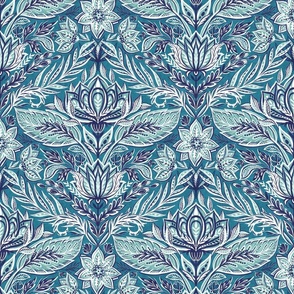 Stylized Botanical Damask in Teal, Navy Blue and White - medium