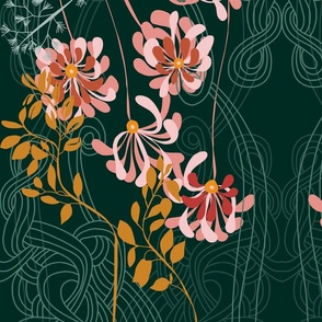 Art noveau floral pattern with lines – emerald green - large