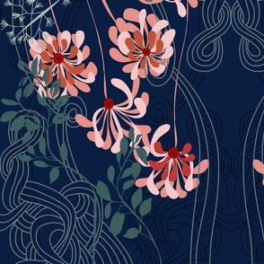 Art noveau floral pattern with lines – dark blue - large