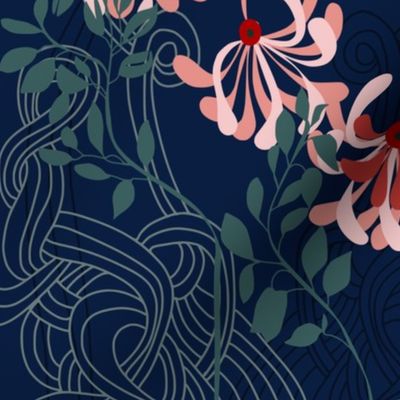 Art noveau floral pattern with lines – dark blue - medium