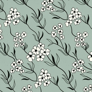Blossom and Branches Diagonal in Muted Green and Cream