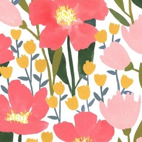 Pink and Yellow Flowers | Large | Hand-Painted Floral Pattern in Coral, Blush and Yellow