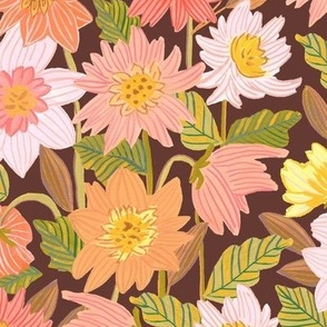 Boho Pink, Orange and Coral Flowers with Brown Background | Medium Version | Hand-Painted Pattern