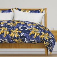 Large jumbo scale // Tigers in a tiger lily garden // textured midnight express navy blue background very peri wild animals goldenrod yellow flowers