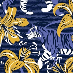 Large jumbo scale // Tigers in a tiger lily garden // textured midnight express navy blue background very peri wild animals goldenrod yellow flowers