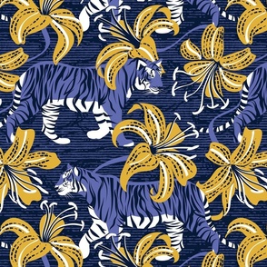 Normal scale // Tigers in a tiger lily garden // textured midnight express navy blue background very peri wild animals goldenrod yellow flowers