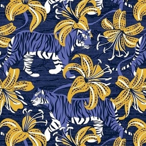 Small scale // Tigers in a tiger lily garden // textured midnight express navy blue background very peri wild animals goldenrod yellow flowers