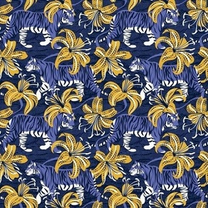 Tiny scale // Tigers in a tiger lily garden // textured midnight express navy blue background very peri wild animals goldenrod yellow flowers