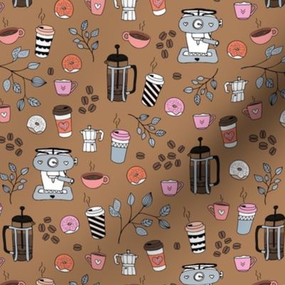 Barista coffee break illustration pattern with to go cups coffee beans leaves and donuts gray orange pink on caramel 
