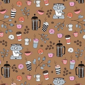 Barista coffee break illustration pattern with to go cups coffee beans leaves and donuts gray orange pink on caramel 