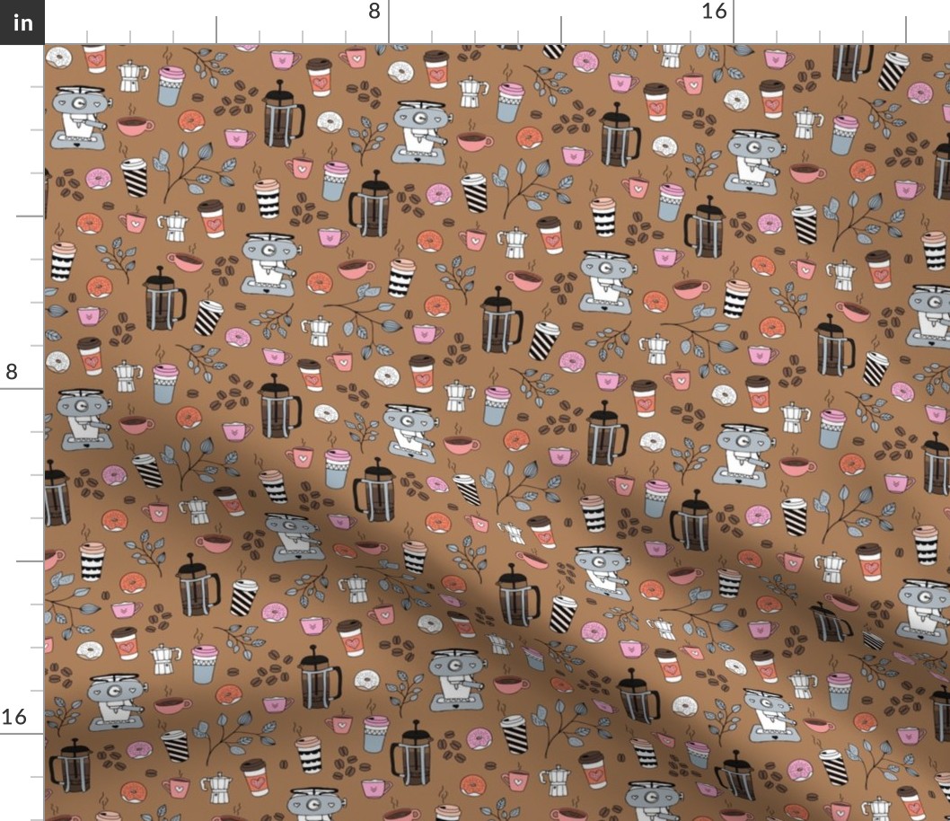 Barista coffee break illustration pattern with to go cups coffee beans leaves and donuts gray orange pink on caramel 