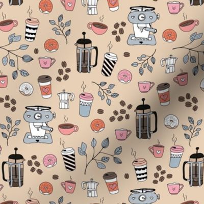 Barista coffee break illustration pattern with to go cups coffee beans leaves and donuts gray pink orange on beige sand 