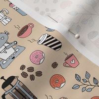 Barista coffee break illustration pattern with to go cups coffee beans leaves and donuts gray pink orange on beige sand 