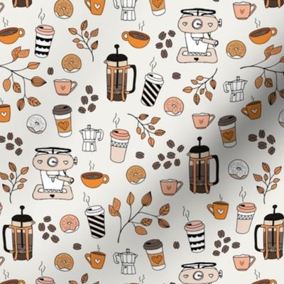 Barista coffee break illustration pattern with to go cups coffee beans leaves and donuts orange brown neutral fall palette 