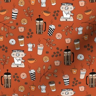Barista coffee break illustration pattern with to go cups coffee beans leaves and donuts orange brown on vintage red neutral fall palette 