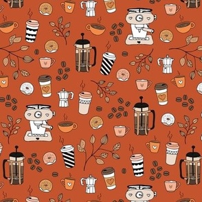 Barista coffee break illustration pattern with to go cups coffee beans leaves and donuts orange brown on vintage red neutral fall palette 