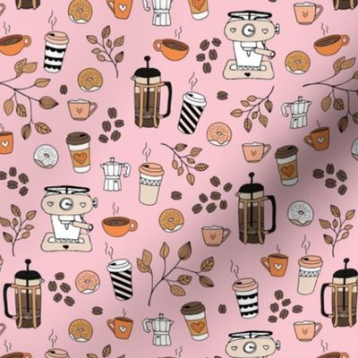 Barista coffee break illustration pattern with to go cups coffee beans leaves and donuts orange brown on soft pink girls fall palette 