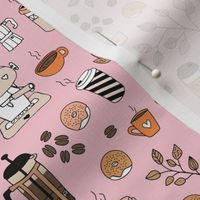 Barista coffee break illustration pattern with to go cups coffee beans leaves and donuts orange brown on soft pink girls fall palette 