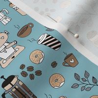 Barista coffee break illustration pattern with to go cups coffee beans leaves and donuts beige brown on cool blue neutral