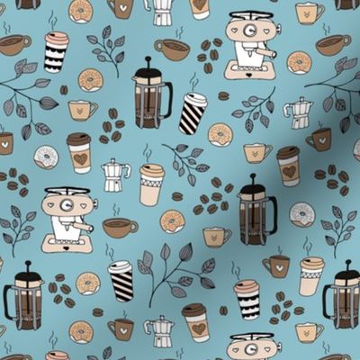 Barista coffee break illustration pattern with to go cups coffee beans leaves and donuts beige brown on cool blue neutral