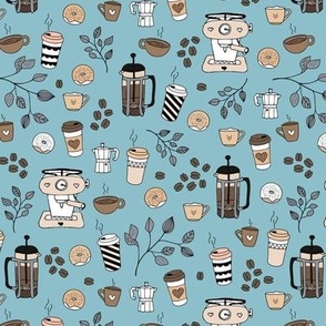 Barista coffee break illustration pattern with to go cups coffee beans leaves and donuts beige brown on cool blue neutral