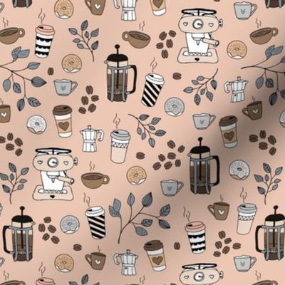 Barista coffee break illustration pattern with to go cups coffee beans leaves and donuts blush beige gray brown