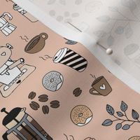 Barista coffee break illustration pattern with to go cups coffee beans leaves and donuts blush beige gray brown