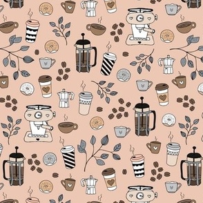Barista coffee break illustration pattern with to go cups coffee beans leaves and donuts blush beige gray brown