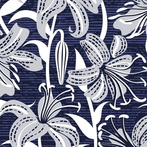 Large jumbo scale // Tiger lily garden // textured midnight express navy blue background light grey and white flowers