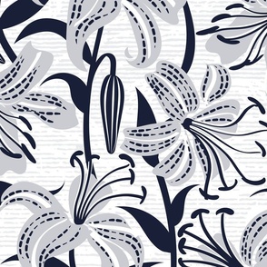 Large jumbo scale // Tiger lily garden // textured white and grey background light grey and midnight express navy blue flowers