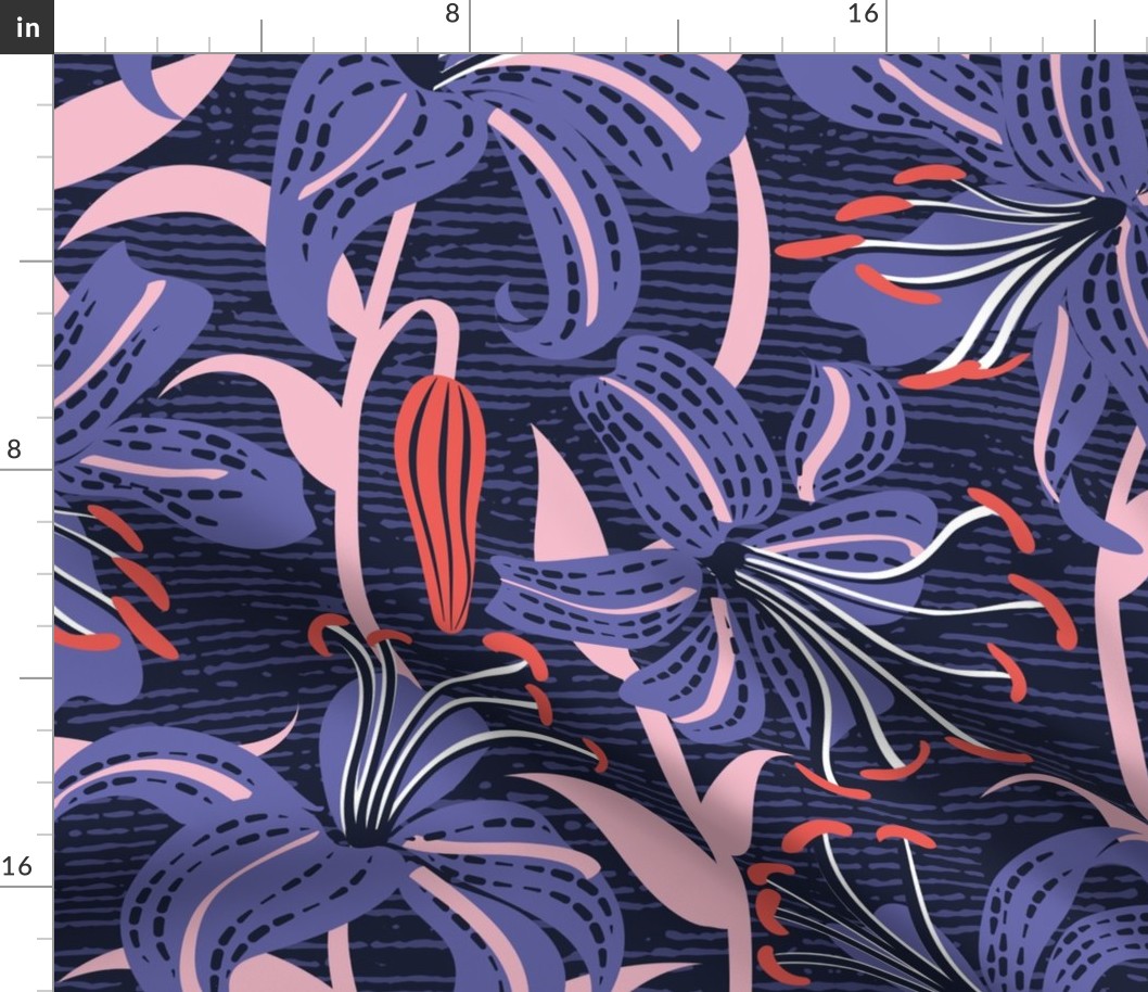 Large jumbo scale // Tiger lily garden // textured midnight express navy blue background very peri cotton candy pink and coral flowers