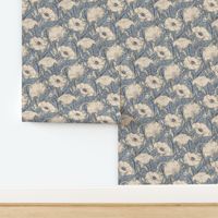 Vintage Poppy in cream slate blue beige grey 