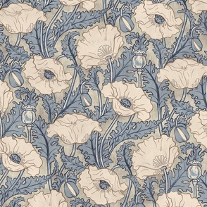 Vintage Poppy in cream slate blue beige grey 