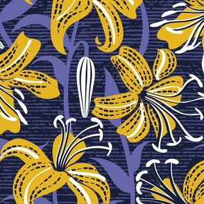 Large jumbo scale // Tiger lily garden // textured midnight express navy blue background goldenrod yellow white and very peri flowers