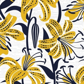 Large jumbo scale // Tiger lily garden // textured white and grey background goldenrod yellow white and midnight express navy blue flowers