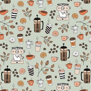Barista coffee break illustration pattern with to go cups coffee beans leaves and donuts orange beige brown on mist green sage 