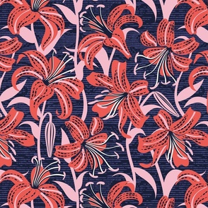 Normal scale // Tiger lily garden // textured midnight express navy blue background coral and cotton candy pink flowers