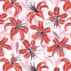 Normal scale // Tiger lily garden // textured white and cotton pink background coral and pink flowers