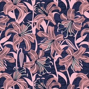 Normal scale // Tiger lily garden // textured midnight express navy blue background dry rose and cotton candy pink flowers