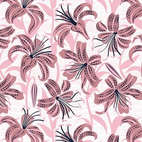 Normal scale // Tiger lily garden // textured white and cotton pink background dry rose and pink flowers