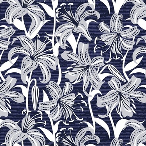 Normal scale // Tiger lily garden // textured midnight express navy blue background light grey and white flowers