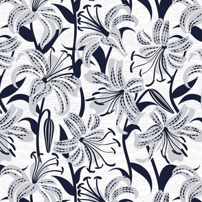 Normal scale // Tiger lily garden // textured white and grey background light grey and midnight express navy blue flowers