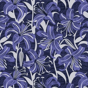 Normal scale // Tiger lily garden // textured midnight express navy blue background very peri and light grey flowers