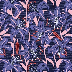 Normal scale // Tiger lily garden // textured midnight express navy blue background very peri cotton candy pink and coral flowers