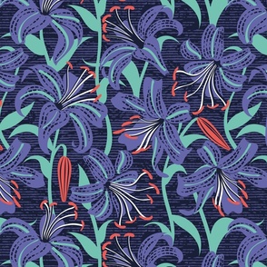 Normal scale // Tiger lily garden // textured midnight express navy blue background very peri spearmint and coral flowers