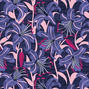 Normal scale // Tiger lily garden // textured midnight express navy blue background very peri cotton candy and fuchsia pink flowers