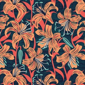 Normal scale // Tiger lily garden // textured midnight express navy blue background papaya orange coral and spearmint flowers