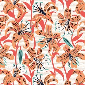 Normal scale // Tiger lily garden // textured white and orange background papaya orange coral and spearmint flowers