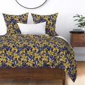 Normal scale // Tiger lily garden // textured midnight express navy blue background goldenrod yellow white and very peri flowers