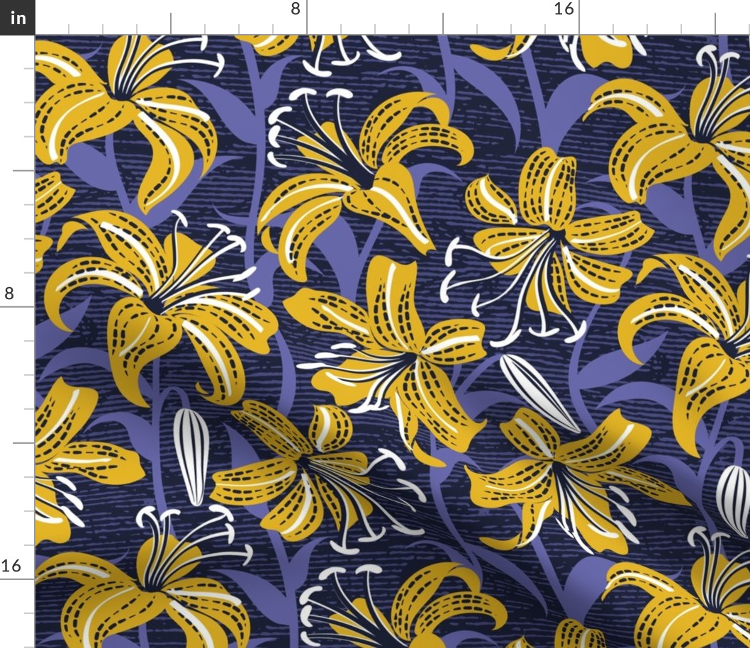 Normal scale // Tiger lily garden // textured midnight express navy blue background goldenrod yellow white and very peri flowers